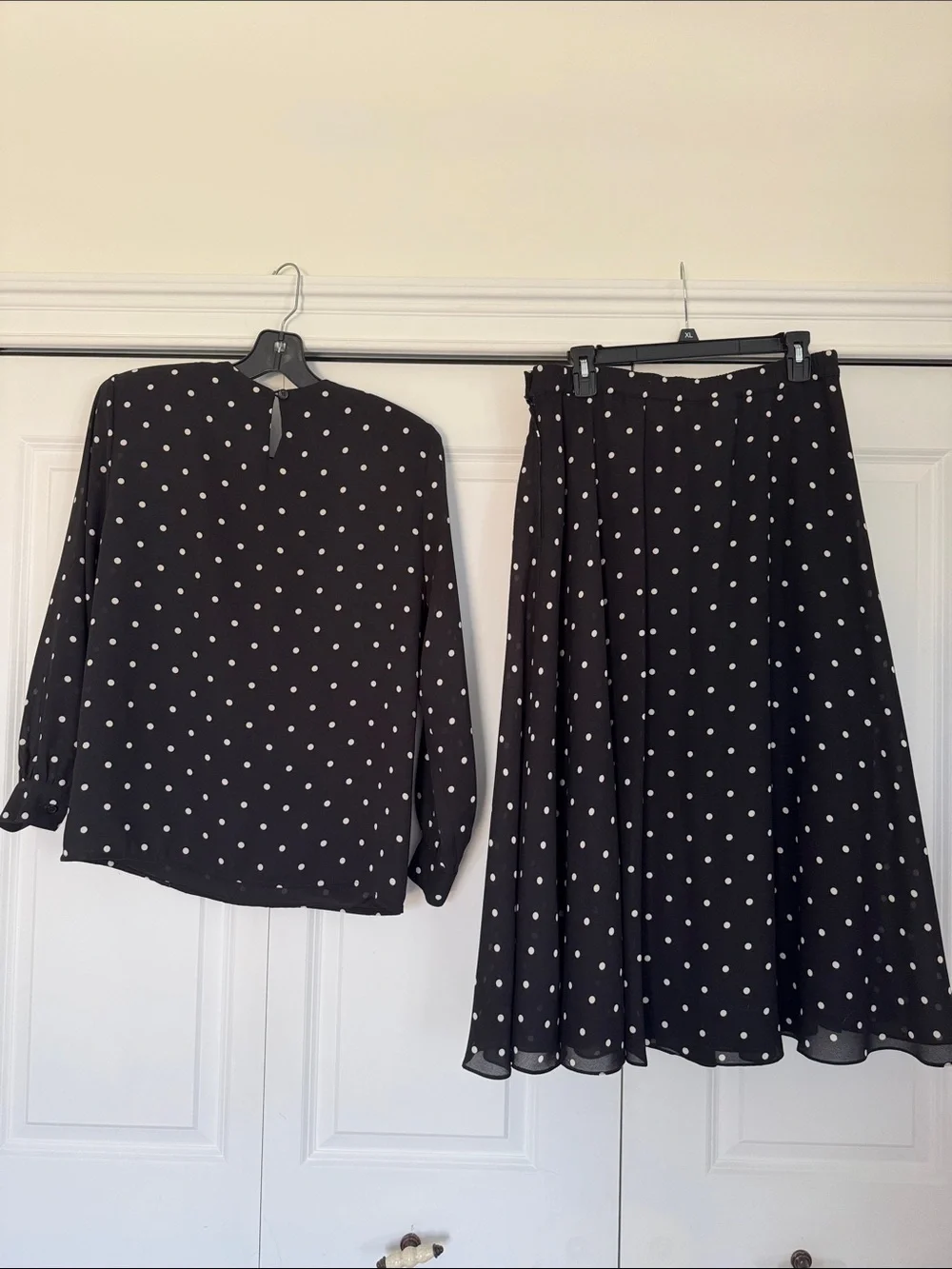 Chaus Black Midi Skirt and top with White Polka Dots